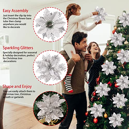 Greentime 12 Pcs 14Cm / 5.5In Silver Poinsettia Artificial Flowers With Clips And Stems Glitter Christmas Tree Poinsettia Decorations For Xmas Wedding Party Wreath #TOP3