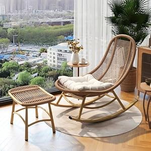 【Poaery】ロッキングチェア 揺り椅子 ラタン製 北欧デザイン 耐荷重 150kg 転倒防止 座り寝転び両用 頑丈 耐久性 室内 庭 ベランダ テラス リビング ガーデンファニチャー (三日月ロッキングチェア フットレスト + ク...