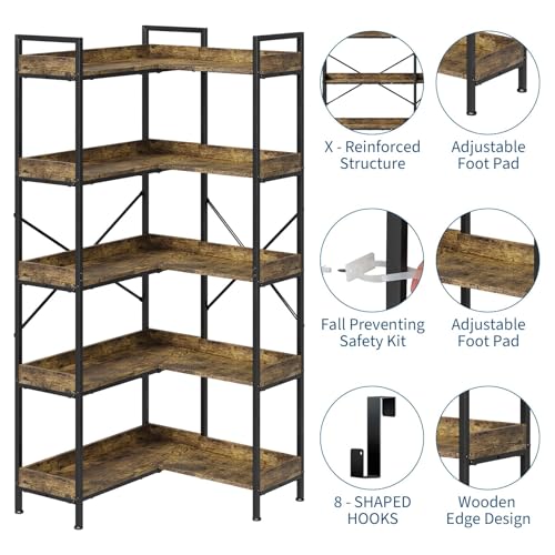 GarveeHome 5-Stufiges Eck Bücherregal,167cm l-Förmiges Bücherregal Im Industrial-Stil Mit Kippschutz, 2 Montagemöglichkeiten, Freistehendes Ausstellungsregal Für Wohnzimmer, Schlafzimmer Und Büro
