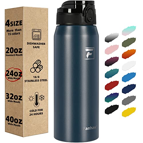 Fanhaw Insulated Water Bottle With Chug Lid - 24 Oz Double-Wall Vacuum Stainless Steel Reusable Leak & Sweat Proof Sports Water Bottle Dishwasher Safe With Anti-Dust Wide Mouth Lid (Navy Blue) #TOP20