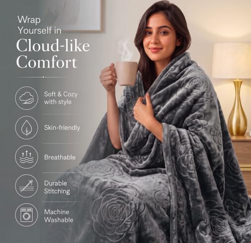Image of HOMEKART 280 GSM Micromink Blanket for Single Bed | Ultra Soft Plush Winter Blanket, Warm & Cozy Bedding, Embossed Floral Design, 40 x 80 Inches, Grey