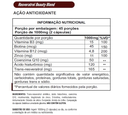 RESVERA ULTRA Trans-resveratrol, Ácido Hialurônico, Biotina, Coenzima Q10, Vitaminas B3, B12 e Zinco
