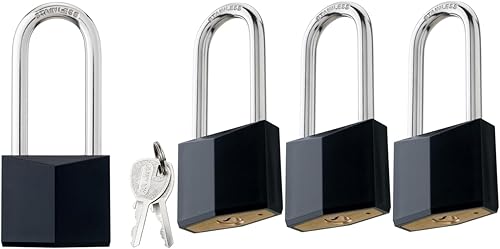 Paquete de 4 cerraduras con llave igual, candado de latón cubierto negro con grillete largo de acero inoxidable, cuerpo de bloqueo de 1-916