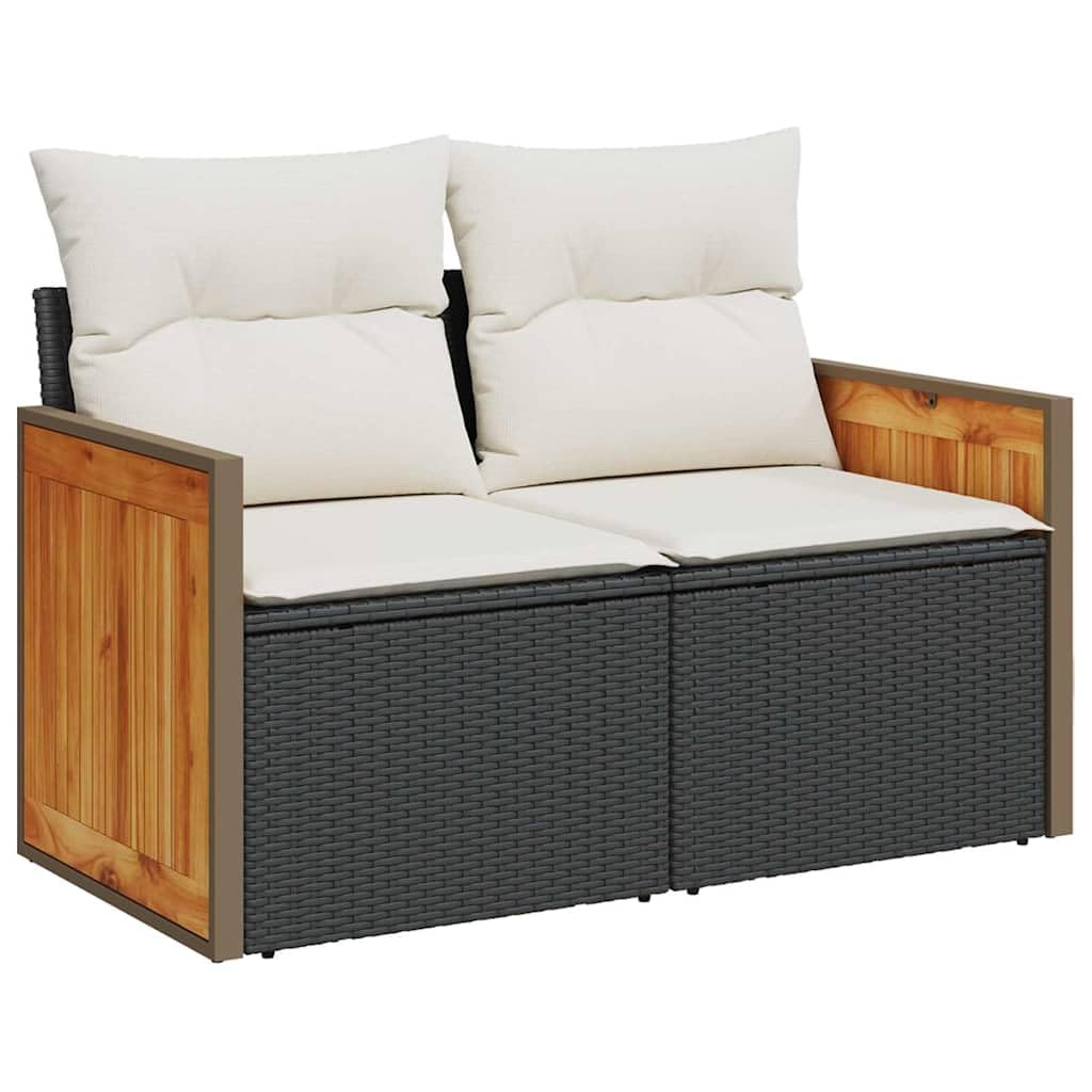 13-częściowy zestaw do kanapy ogrodowej czarny i kremowy poli rattan drewno akacjowe | Modułowa, zdejmowane poduszki, nadające się do prania, nowoczesny design, wygodne siedzisko, na zewnątrz