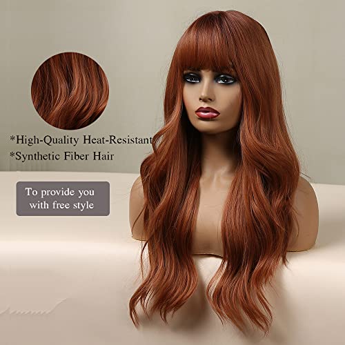 Esmee 24 Inches Long Wavy Copper Brown Wigs for Women Natural Synthetic Hair Heat Resistant Wigs with Bangs for Daily Party Cosplay Use - Image 3