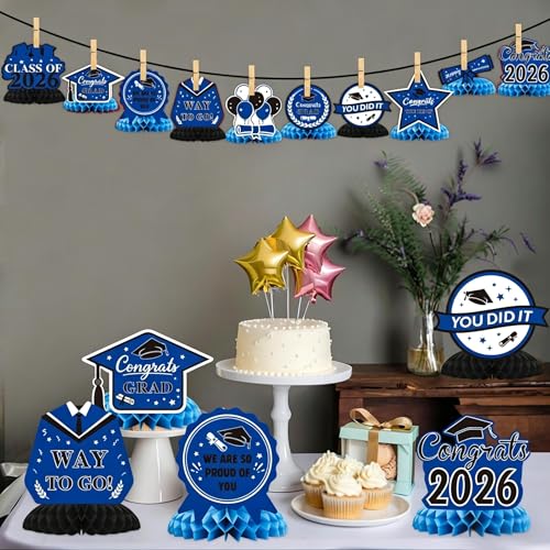 Image of Graduation Decorations 2026, 10PCS Graduation Centerpieces for Table Blue Black Graduation Party Decoration Class of 2026 Congrats Grad Honeycomb Centerpieces Table Decor for Graduation Party Supplies