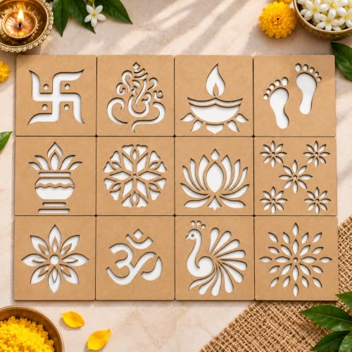 Wooden Rangoli Stencil Set of 12 | Om, Swastik, Ganesh, Lakshmi C...