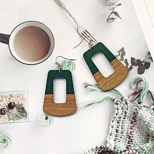 Coiris Natural Wood Resin Spliced Hoop Dangle Green Earrings For Women(Er1181-Rectangle Green) #TOP1