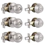 Probrico Entry Door Knob Lock Set and Single Cylinder Deadbolt Combination Set, Satin Nickel (3 Pack) Keyed Alike