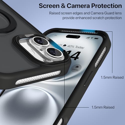 Image of eller sante Maximus Back Cover Case for iPhone 16 Plus with Magnetic Alloy Ring Metal Kickstand Camera Protector TPU Shockproof 10ft Drop Protection Compatible with Mag-Safe- Black