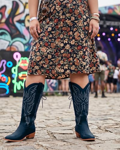 Image of Uillnoodu Wide Calf Cowboy Boots Women Adjustable Lace Up Knee High Tall Plus Size Cowgirl Boots Western Style Comfortable 2-Inch Heel
