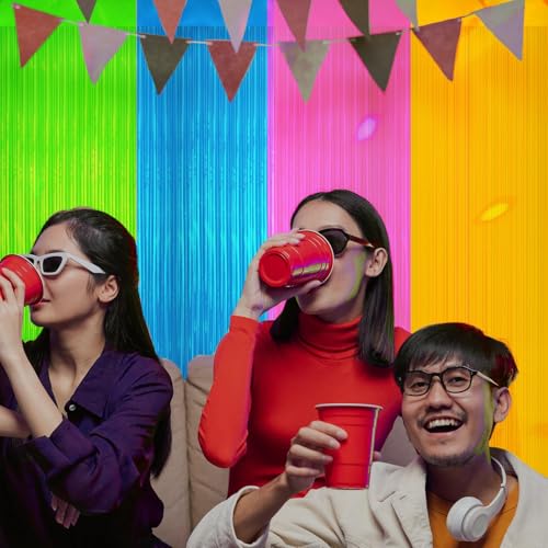 Image of 4 Pack Neon Party Decorations Glow in The Dark Party Supplies Multicolor Tinsel Foil Fringe Curtains for Birthday Party Supplies Streamers Decorations