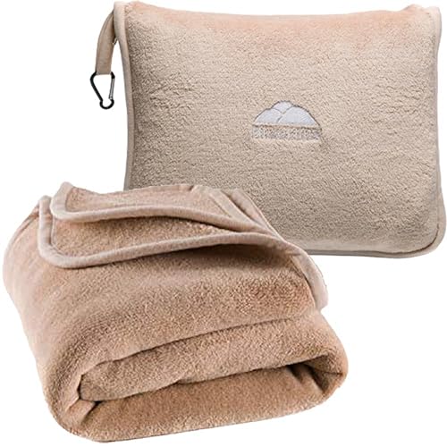 Image of BlueHills Premium Soft Tall Travel Blanket Pillow for Airplane Traveling Essentials Long Flight Trip Throw in Bag case with Backpack Clip Compact Large Plane Accessories Beige T053