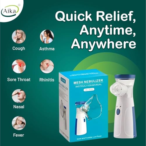Image of Aika Portable Mesh Nebulizer Machine for Adults & Kids - Ultra-Quiet Handheld Cool Mist Inhaler with Self-Cleaning Mode, USB-C & Battery Operated Travel Steam Kit for Respiratory Care (White, 6 Month Warranty)