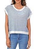 MakeMeChic Women's Striped Knit Vest Tops Short Sleeve Sweater Vest Tank Top A-White and Blue Medium