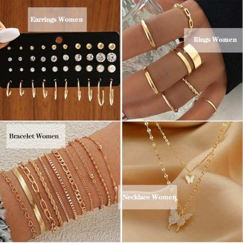 47pcs Gold Jewelry Set With 3 PCS Necklace, 11 PCS Bracelet,20pcs Hoop Stud Earrings,7pcs rings set For Women For Birthday Gifts4