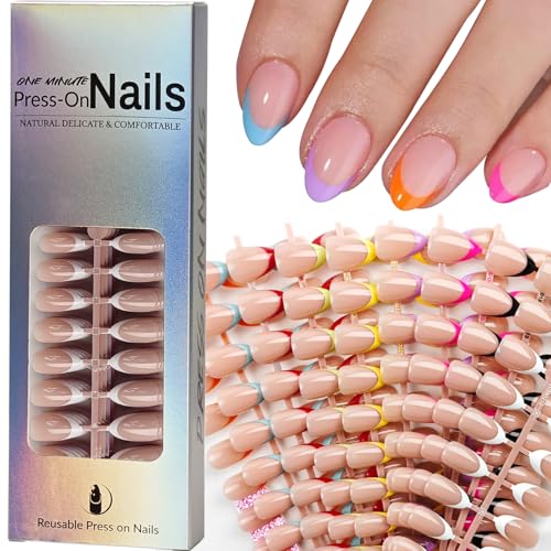216 Pcs French Tip Press on Nails Meidum Almond Fake Nails 9 Colo...