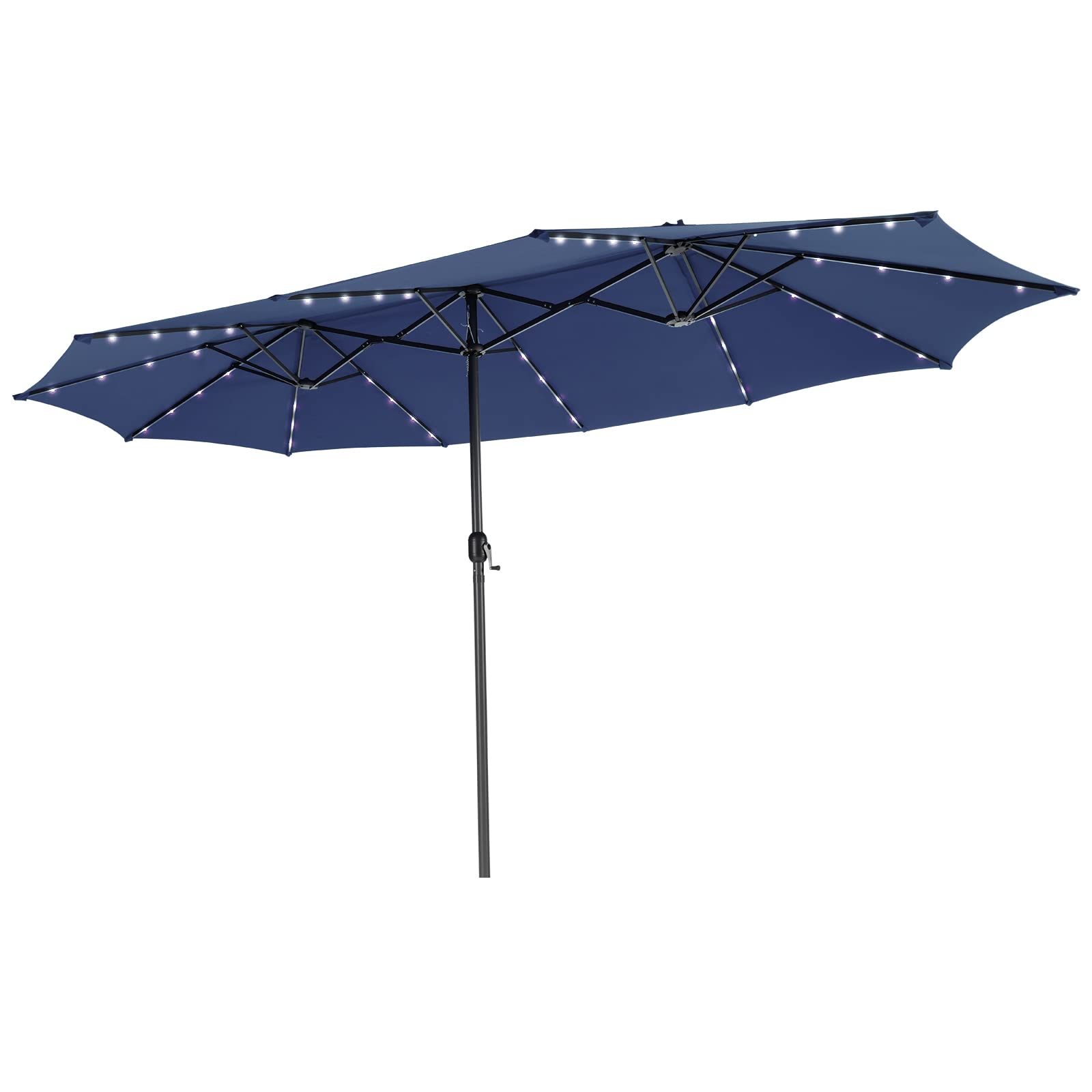 Tangkula 15 Ft Twin Patio Umbrella with 48 LED Lights, Double-Sided Outdoor Umbrella W/ Auto-Charging Solar Panel, Extra-Large Outdoor Market Umbrella W/ Hand-Crank System for Poolside, Garden & Backyard (Navy Blue)