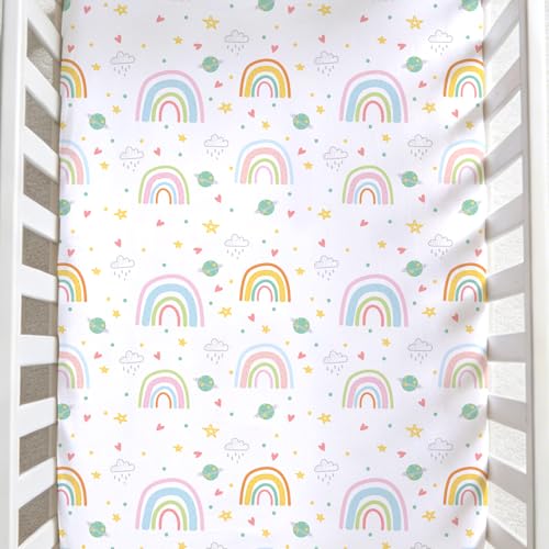 Image of JISEN Baby Crib Sheets Soft Breathable Rainbow Fitted Crib Sheets for Standard Crib and Toddler Mattress Baby Bed Sheets for Boys Girls Neutral 52x28 Inch White