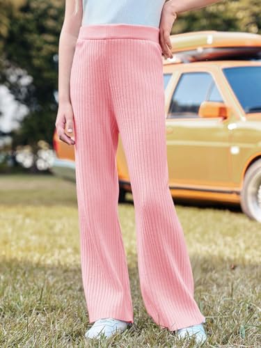Image of Haloumoning Girls Solid Rib Knit Wide Leg Pants Elastic Waist Flowy Casual Sweater Pants 5-14 Years