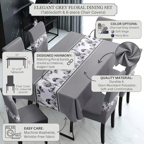 Image of Styleys Polyester Dining Chair Cover with Table Covers for Kitchen Waterproof Dining Table Cloth (1 Table Cover + 6 Chair Cover, Grey Flower, K716), Rectangular