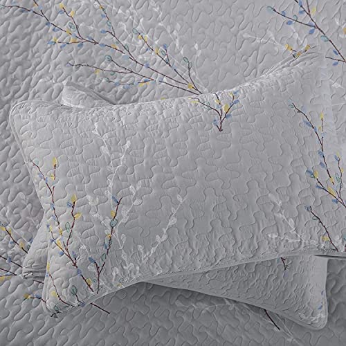 Exclusivo Mezcla Reversible Boho Quilt Set Queen Size, 3 Pieces Flowers Grey All Season Bedspreads, Ultra Soft Floral Coverlet Bedding Set with Printed Pattern (1 Quilt, 2 Pillow Shams)