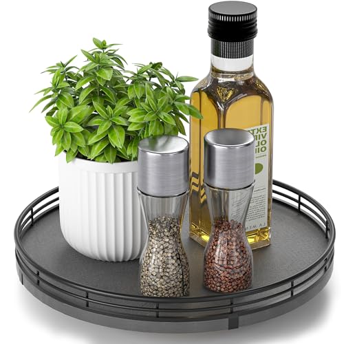 Image of Nature Slate Lazy Susan Turntable for Table Top – 10” Round Slate Tray Organizer for Dining Table, Kitchen Countertop & Bar, Luxury Stone Serving Tray with Black Raised Iron Rim