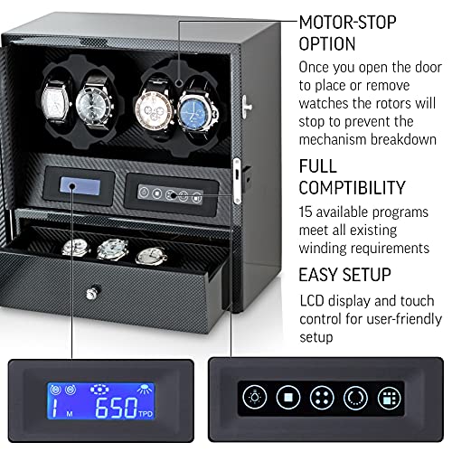 Image of 4 Watch Winder with 5 Watch Storage Space, LCD Display, Touch Control and Interior Light