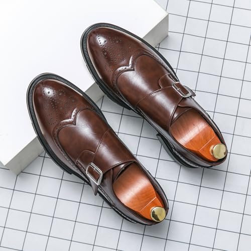 Men's Leather Single Monk Strap Wingtips Oxford Shoes Platform Round Toe Slip On Low Top Brogue Dress Shoes Formal Business Casual Loafers2