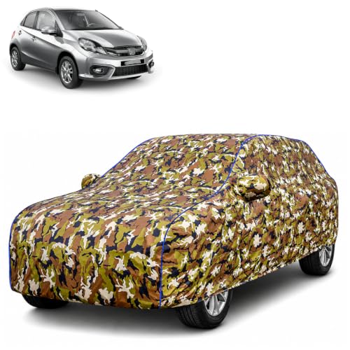 Image of Waterproof Car Body Cover for Honda Brio with Mirror Pocket| Cotton Inner Lining | Triple Stitched | All Weather Protection | Dust, UV & Rain Proof (Camouflage with Blue Piping)