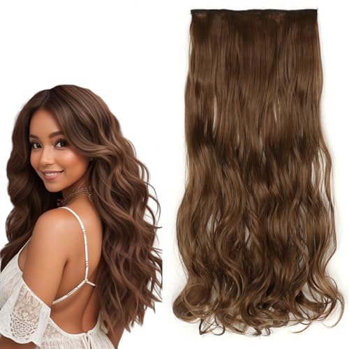 prinfantasy Hair Extensions Clip in Human Hair Curly Hairpiece High Temperature Synthetic Resistant Fiber Soft 1s Ombre Hair Piece Human Hair Seamless Light Brown Halo Hair Extension,MW245