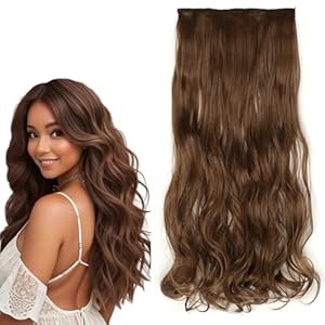 prinfantasy Hair Extensions Clip in Human Hair Curly Hairpiece High Temperature Synthetic Resistant Fiber Soft 1s Ombre Hair Piece Human Hair Seamless Light Brown Halo Hair Extension,MW245
