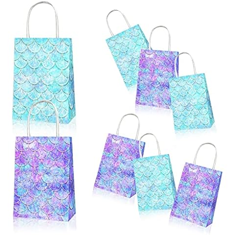 Sehaby 12 Pack Mermaid Party Bags, Mermaid Themed Party Favor Bags, Candy Paper Bags with Handles, Birthday Party Treat Bags, Wedding Party Decoration Gift Bags, 21x16x8 cm (Pack of 12) Cover