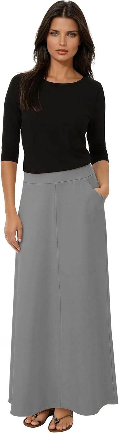 Baby'O Women's Stretch Cotton Knit Western Style A-Line Maxi Skirt with Jeans-Style Front Pockets - Image 3