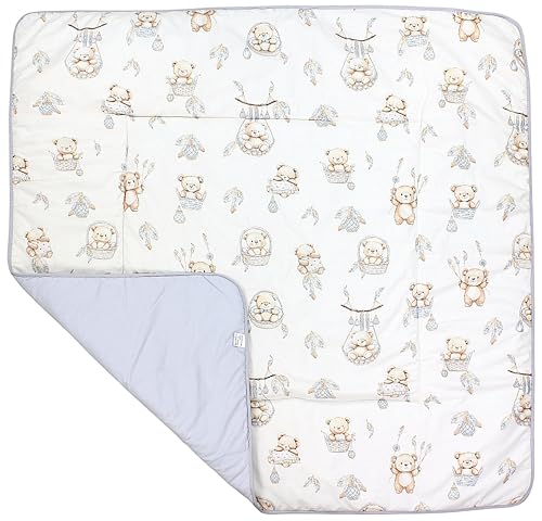 TupTam Krabbeldecke für Baby 120x120 cm - Gepolsterte Spieldecke Baby Baumwolle, XXL, OEKO-TEX, Weich & Hautfreundlich, Farbe: Teddybären in Körbchen Beige Ecru