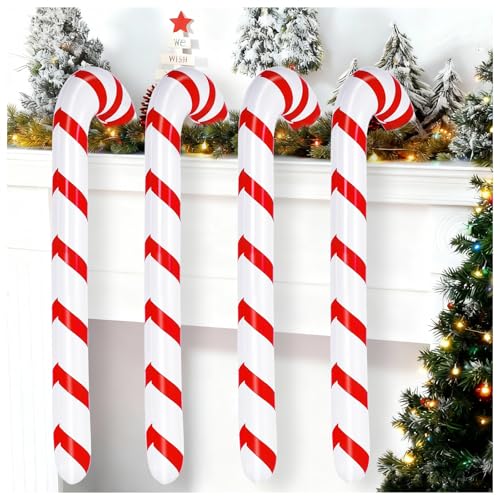 4 Pcs Christmas Inflatable Candy Canes 35 Inch Blow Up Candy Sticks for Christmas Red White Stripe Inflatable Canes for Xmas Party Indoor Outdoor Decorations