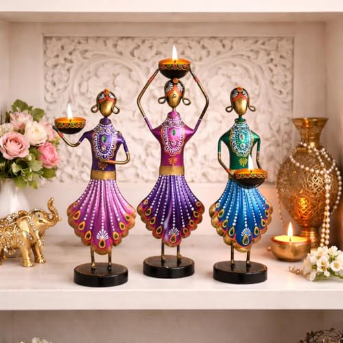 Image of CraftVatika Home Decoration Items for Living Room, Aesthetic Home Decor, Rajasthani Lady Tealight Candle Holder Showpiece for Living Room Tabletop Housewarming Wedding for Man Women