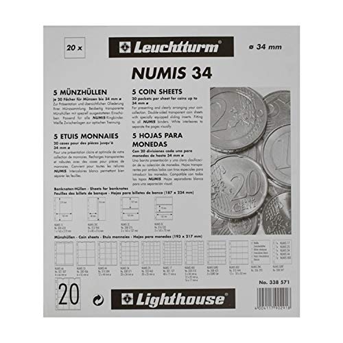 Leuchtturm 338571 Envoltorios para monedas Numis 34, 20 compartimentos para monedas de hasta Ø 34 mm - monedas de 2, 5 y 10 euros - paquete de 5