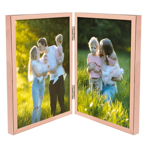Golden State Art 5x7 Hinged Metal Frame - Floating Effect for 4x6 or Smaller Photos with Real Glass for Protection - Elegant Desk Decor for Home or Office - Rose Gold