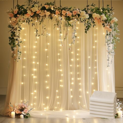 Xiomot Tulle Backdrop Curtain with Lights 30x10FT Champagne Sheer Curtains