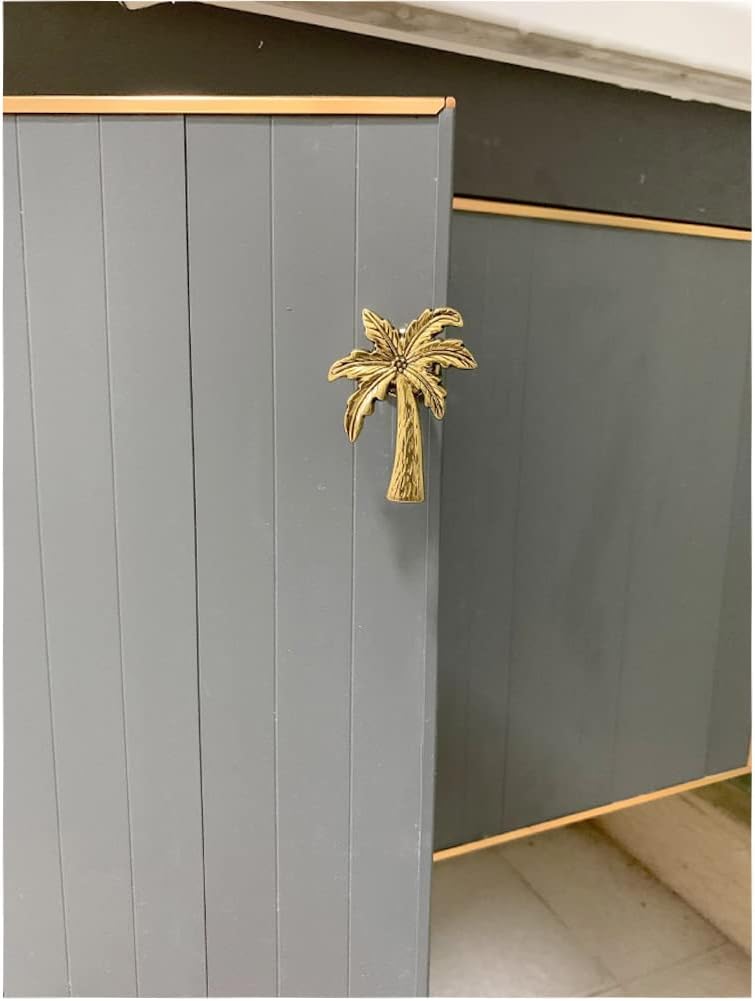 Palm Tree Cabinet Knobs Drawer Pulls Handles for Dresser Cupboard Single Hole Coconut Tree Pulls Furniture Doors Home Kitchen Decorative 4 Pieces (Gold)