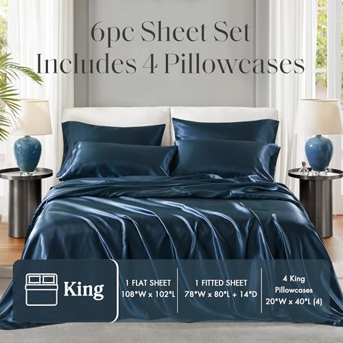 Image of Madison Park Essentials Satin Sheets King Bed Set, 6 Pcs, Midnight Blue | Luxury and Smooth Silky Bedding with Natural Sheen, All Around Elastic 14 inch Pocket fits up to 16 inch Mattress, Year-Round Cozy