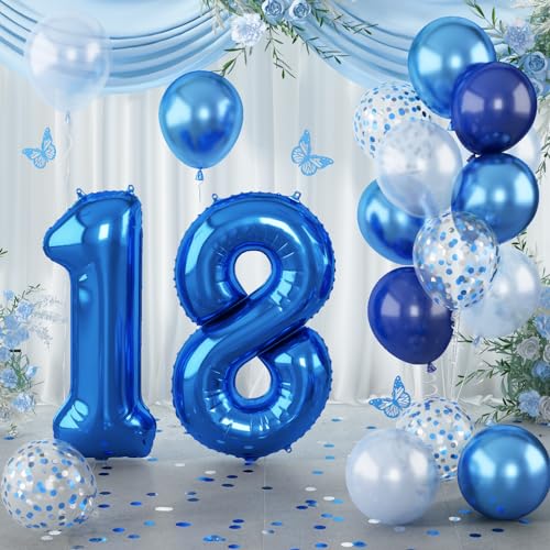 Image of Navy Blue 18 Balloons, 40 Inch Dark Blue Foil Number 18 Balloon Set, XXL Self Inflating 18 Helium Balloon with Metallic Blue Silver Confetti Balloon for Men 18th Birthday Anniversary Party Decorations