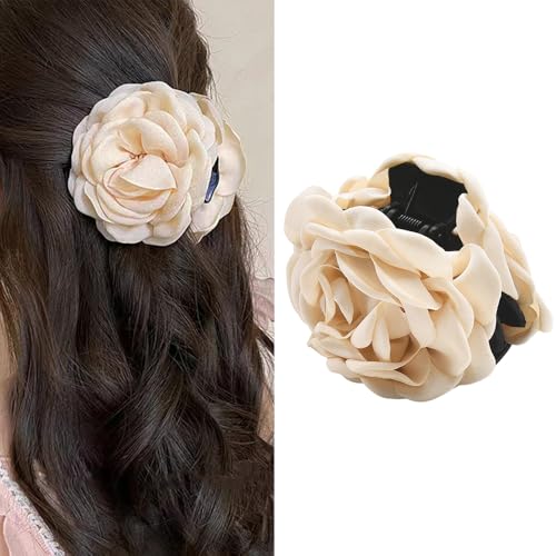 Rose Flower Claw Clips for Women Hawaiian Rose Hair Clip Pin for Thick Thin Hair Non Slip Hair Barrettes Clamp for Teen Girl Elegant Hair Decoration Accessories for Women Girls Off White Hairpin image 5