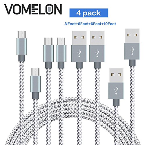 Micro USB Cable, [3FT+6FT+6FT+10FT] Nylon Braided Tangle-Free Micro USB Charging Cable Charge Cord for Android, Samsung, HTC, Nokia, Sony, Nexus, LG and More-[Grey + White]