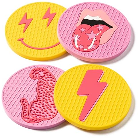 AellasNervalt 4Pcs Preppy Car Cup Coaster Smile Face Lightning Bolt Leopard Lip Silicone, Non-Slip Heat Resistant Cups Mat Drink Cup Holders Auto Accessories for Teen Girls Pink Yellow 2.8 in Cover
