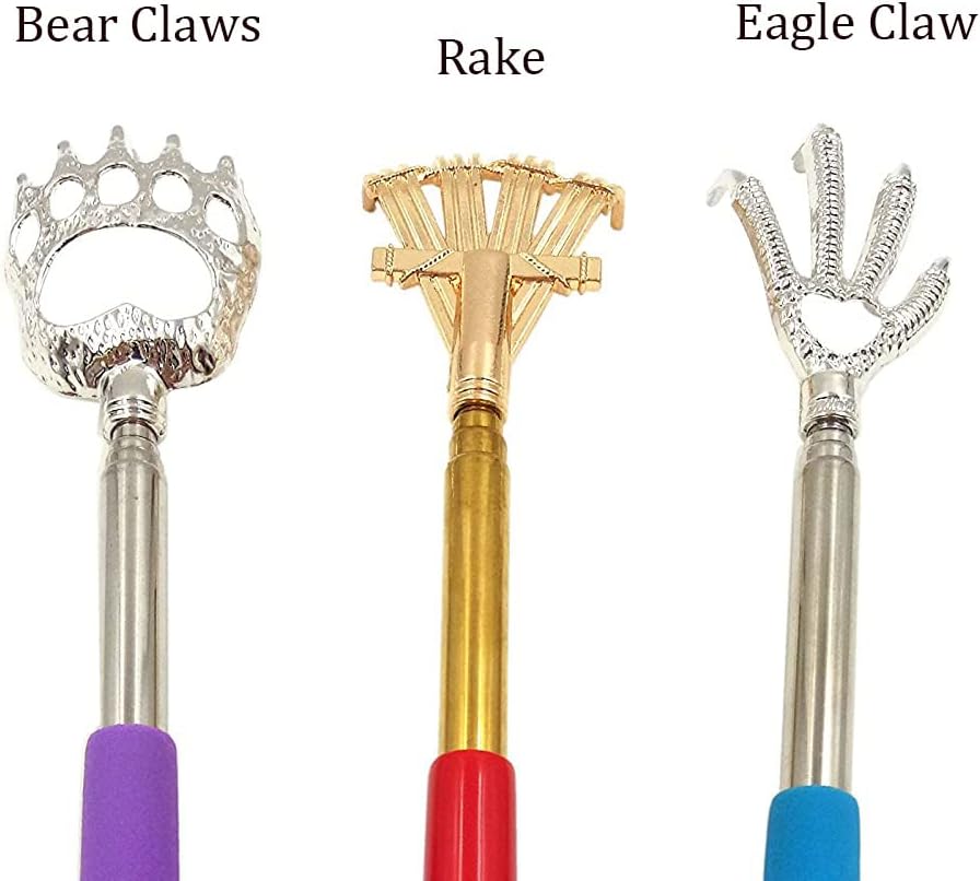 Qaoquda (3-Pack) Portable Extendable Telescopic Bear Claws, Eagle Claw,Rake Metal Back Scratchers/Hand Massager/backslap with Rubber Handles (Red Purple and Blue)