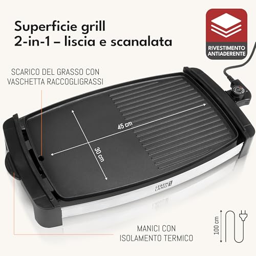 LEBENLANG Barbecue elettrico da balcone 2000W - Incl. pinze per grigliare I 45x30cm I Griglia elettrica barbecue da interno & da esterno I Bistecchiera grande Piastra grill BBQ Griglie elettriche XXL - immagine 4