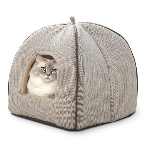 Cat Bed Cave Cat Bed for Indoor Cats Cat House Cats Tent with Removable Washable Cushioned Pillow Soft Kitten beds (Beige 38.1x38.1x38.1cm))