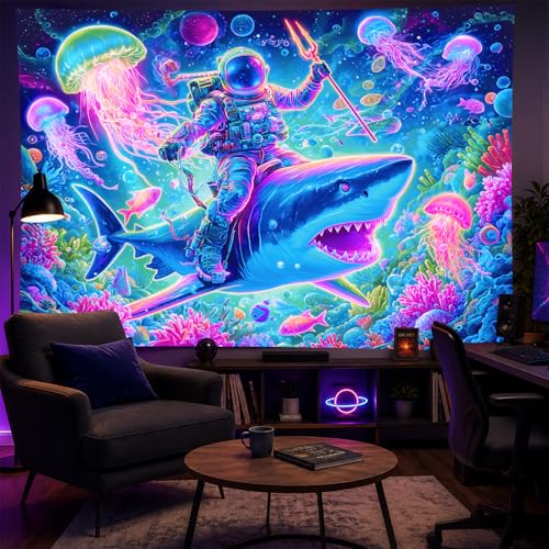 Image of BlissYard Neon Astronaut Shark Black Light Tapestry UV Reactive Psychedelic Underwater Galaxy Wall Hanging for Living Room Bedroom Dorm Room Bar Party Decor 78x59 Inch